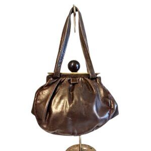 1950s Vintage Brown Leather Pouch Style Handbag With A Lucite Ball & Top Handles